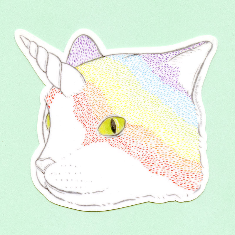 A sticker of a rainbow cat head with a unicorn horn. 