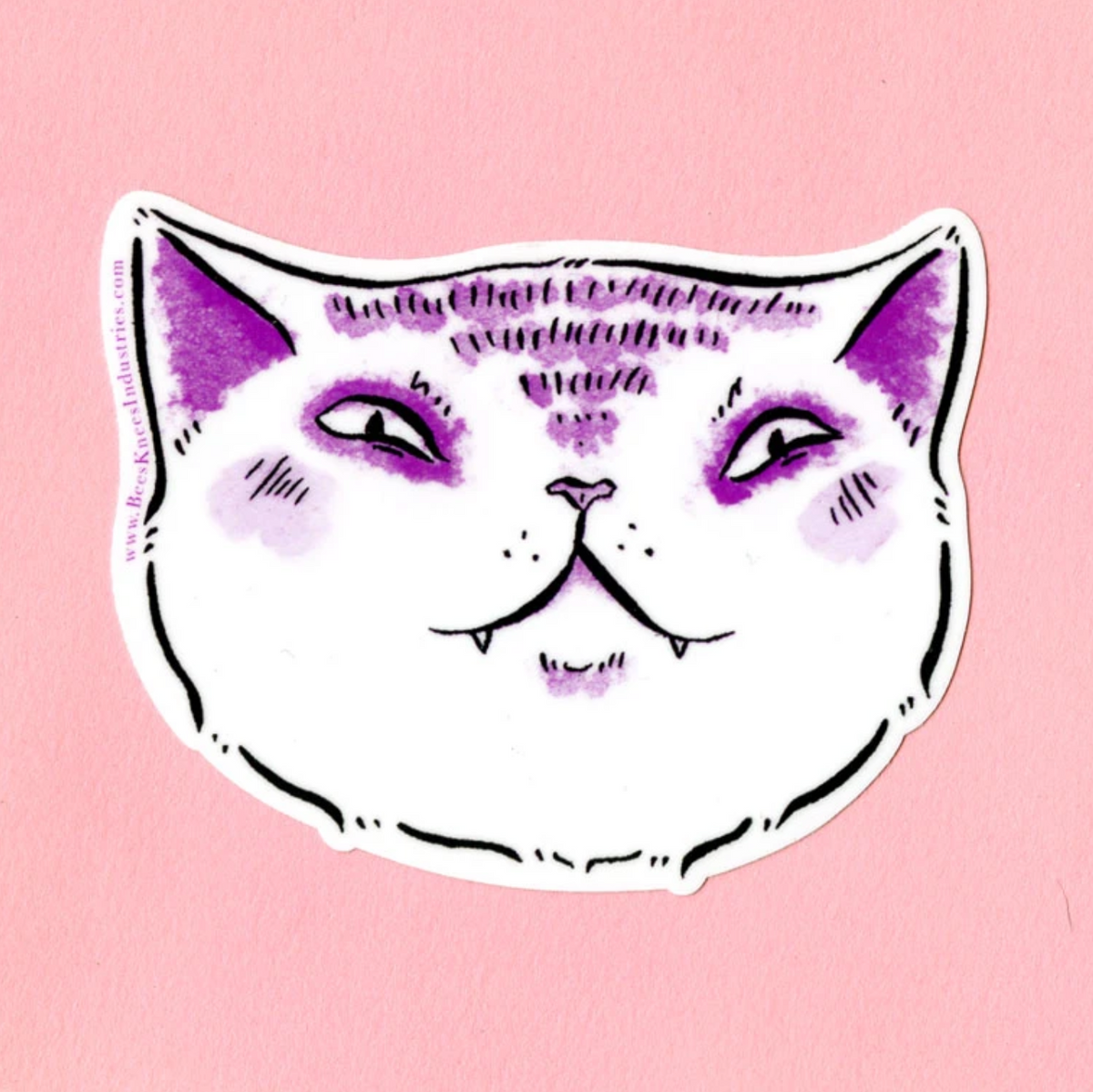 A sticker of a purple cat with a smug expression against a pink background. 