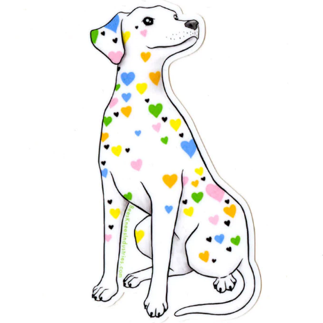 A sticker of a dalmation whose spots are rainbow hearts. 