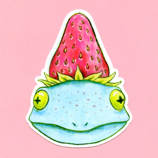 Sticker of a turquoise frog wearing a strawberry as a hat. 