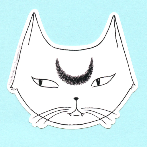 A black and white sticker of a cat with a crescent moon shape on its forehead against a light blue background. 