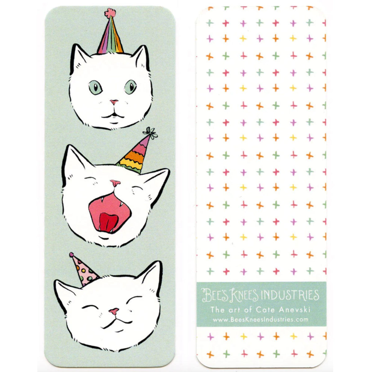 Three cartoon cat faces with party hats on a light green background, featuring the Bees Knees Industries logo.