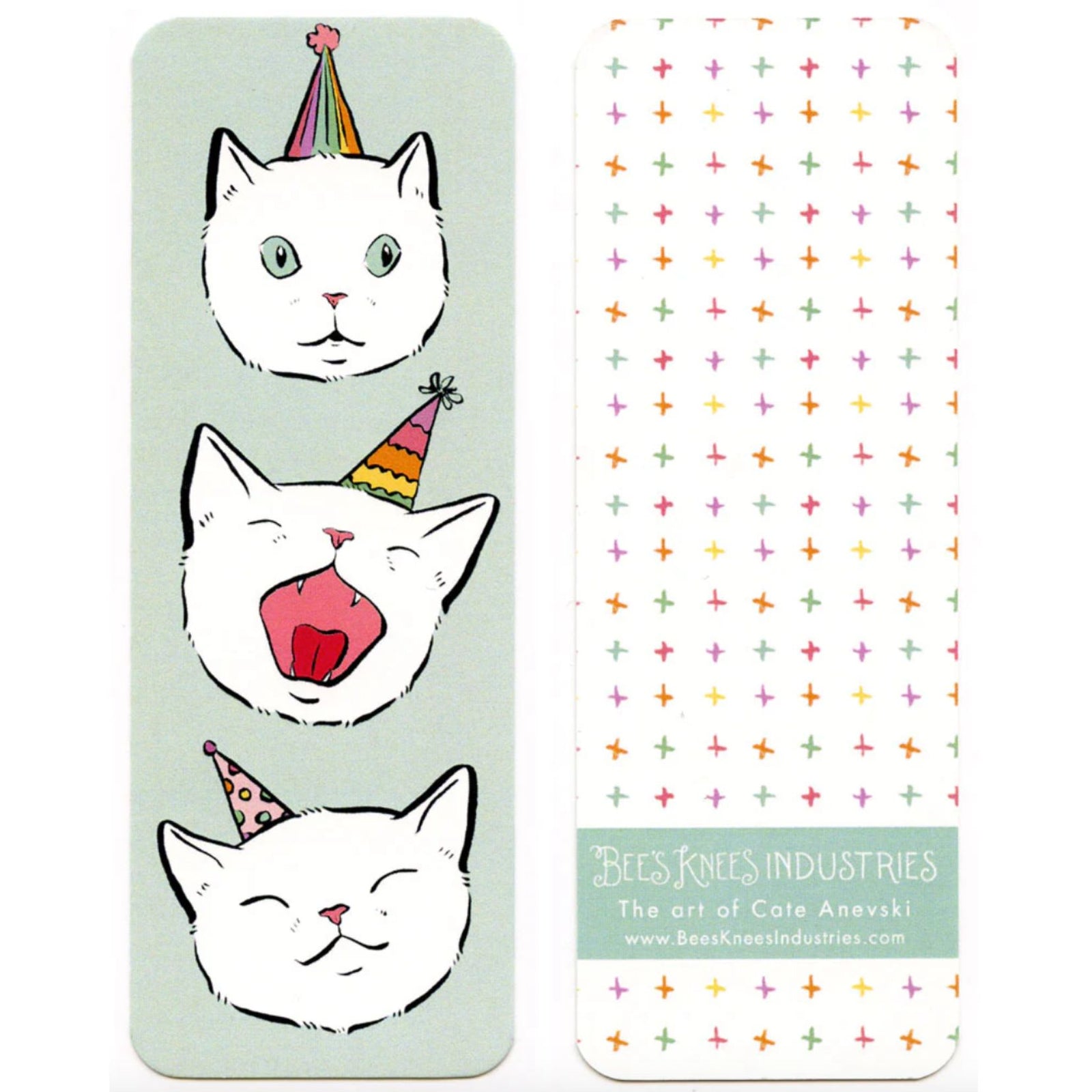 Three cartoon cat faces with party hats on a light green background, featuring the Bees Knees Industries logo.