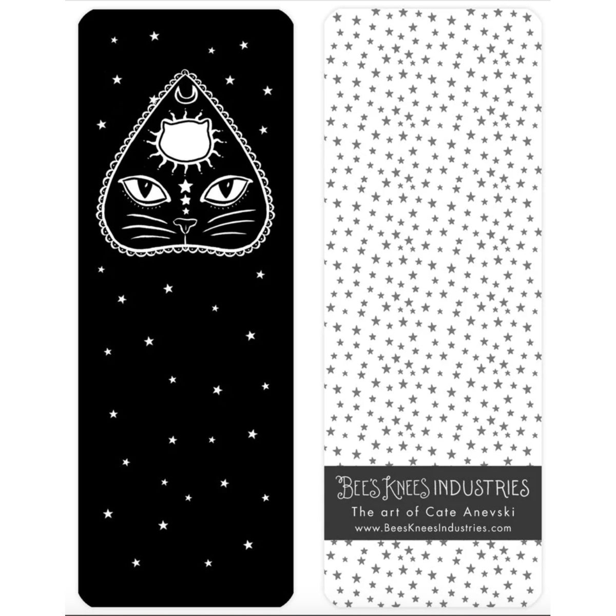 Black and white cat face design with star patterns on a bookmark by Bees Knees Industries.