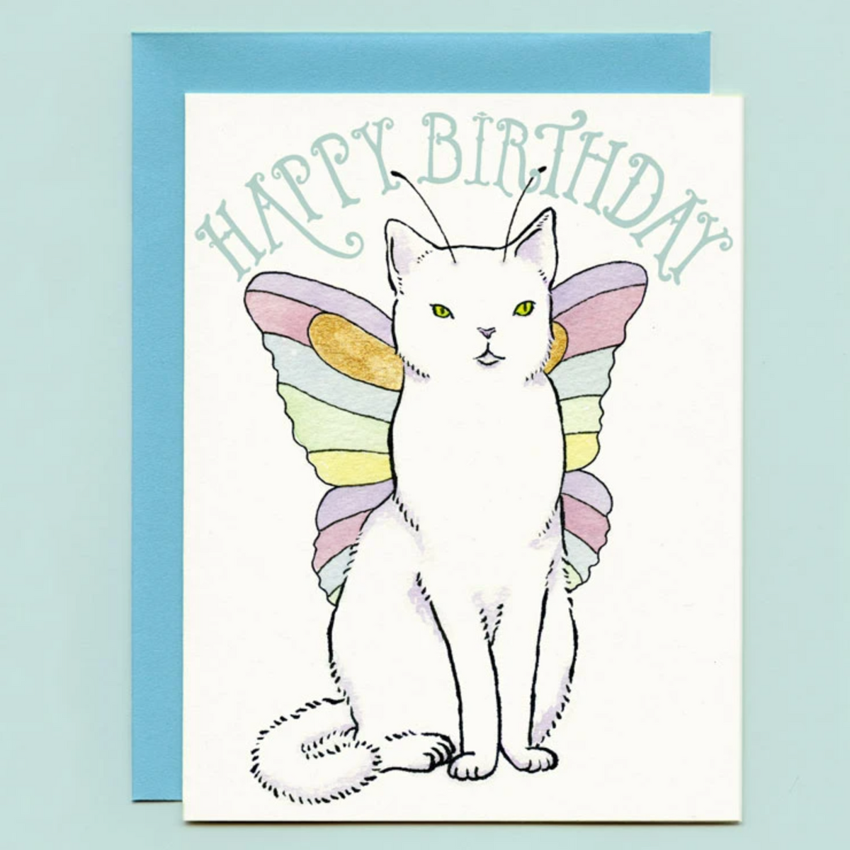A card with a drawing of a cat with butterfly wings and antennae and the words "Happy Birthday" on a blue background.