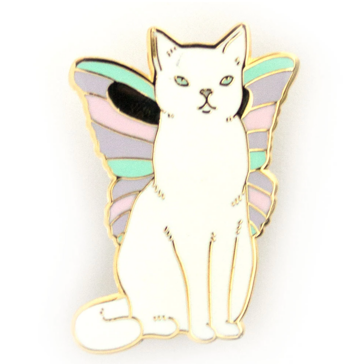 An enamel pin of a white cat with rainbow butterfly wings.
