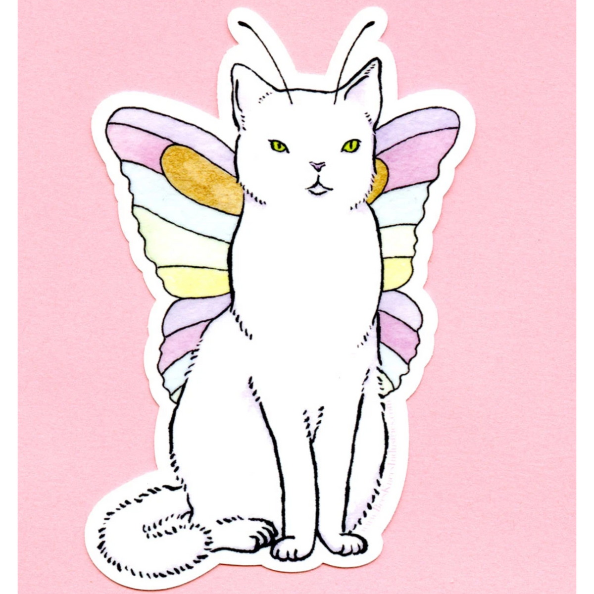 A sticker of a cat with butterfly wings and antennae against a pink background 