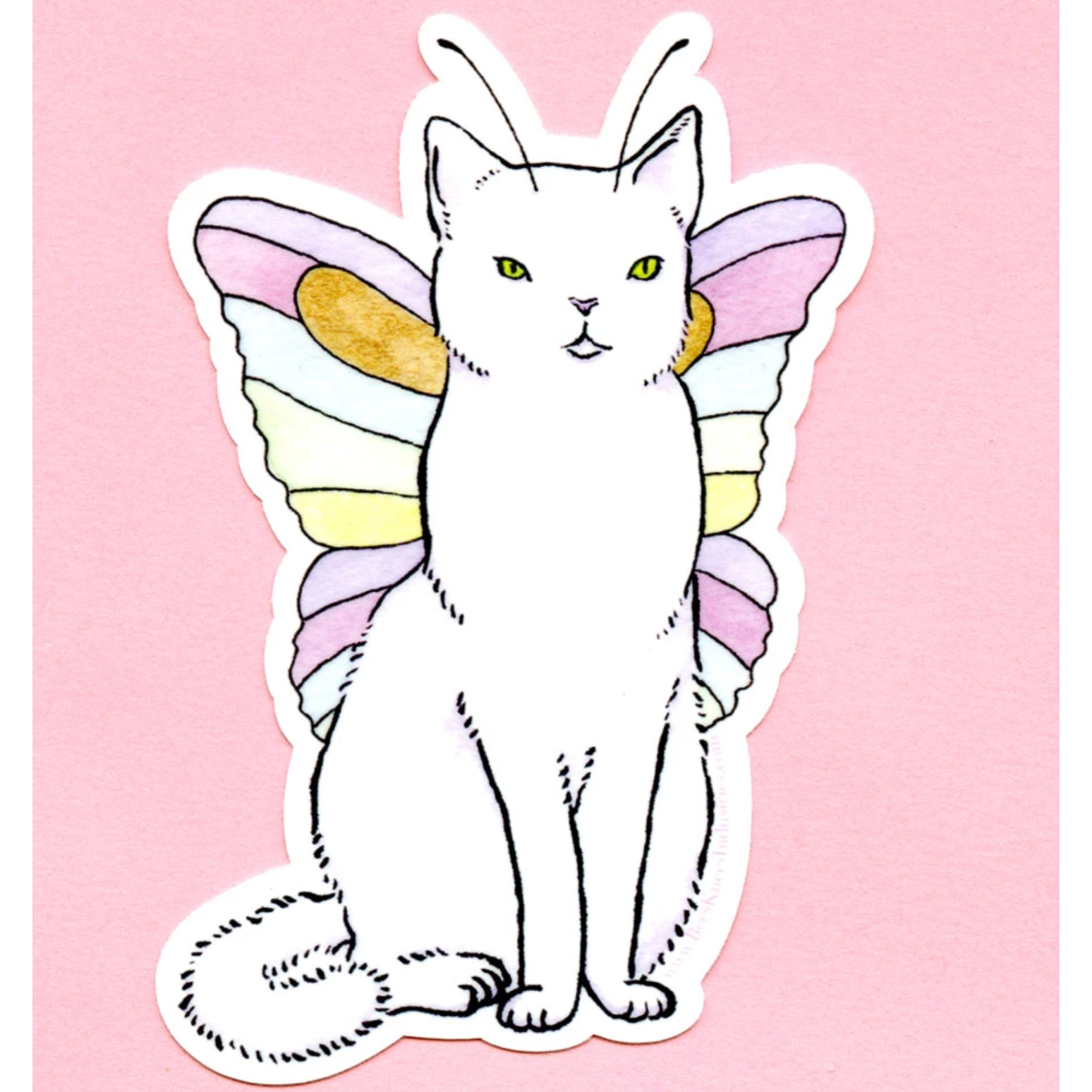 A sticker of a cat with butterfly wings and antennae against a pink background 