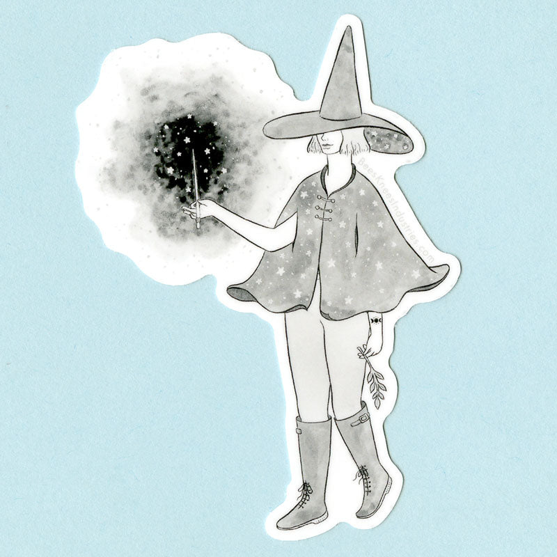 Grayscale sticker of a witch wearing boots, a cape, and a tall pointy hat holding a wand that is emanating fog and stars. 