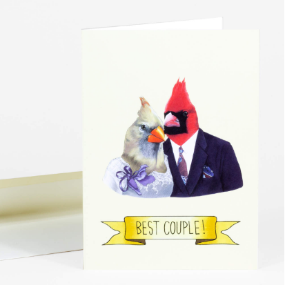 Card with two cardinals dressed in formal attire and a banner saying 'Best Couple!' on a white background.