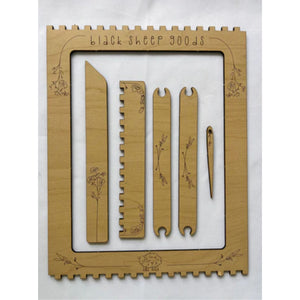 Set of wooden tools with 'Black Sheep Goods' branding on a white background
