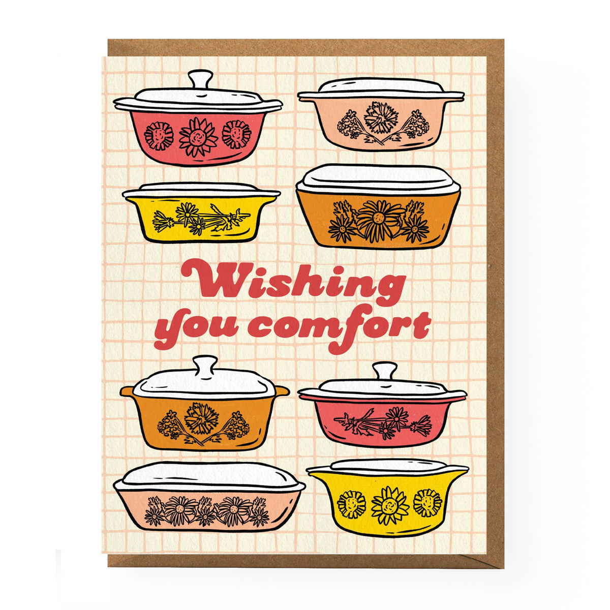 Card with retro-style pyrex dishes and 'Wishing you comfort' text on a checkered background