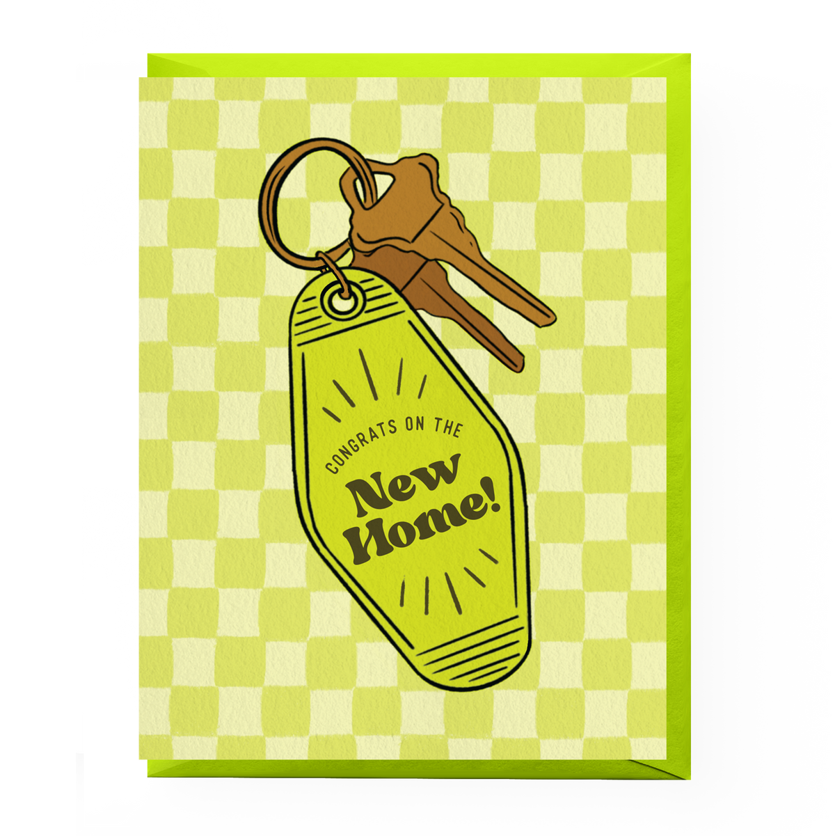 Greeting card with keys and 'Congrats on the New Home!' tag on a green checkered background