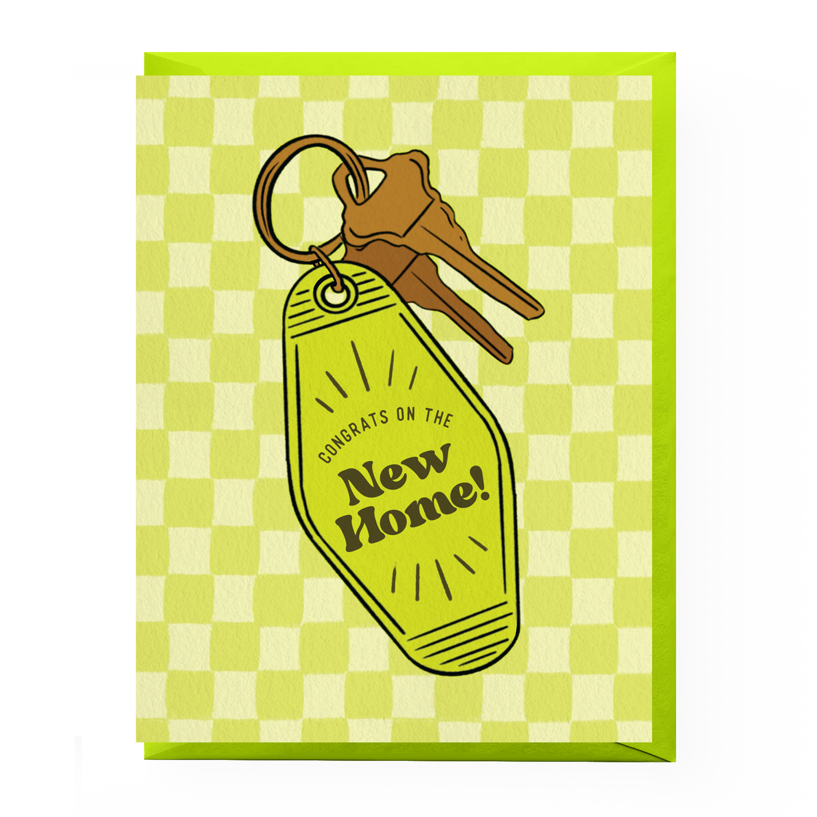 Greeting card with keys and 'Congrats on the New Home!' tag on a green checkered background