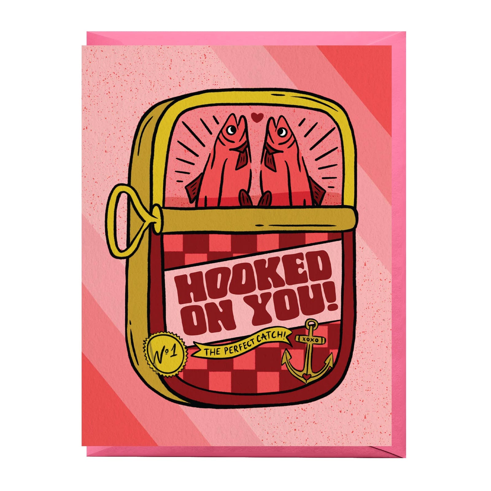 Illustration of canned fish and 'Hooked on You!' text on a pink background