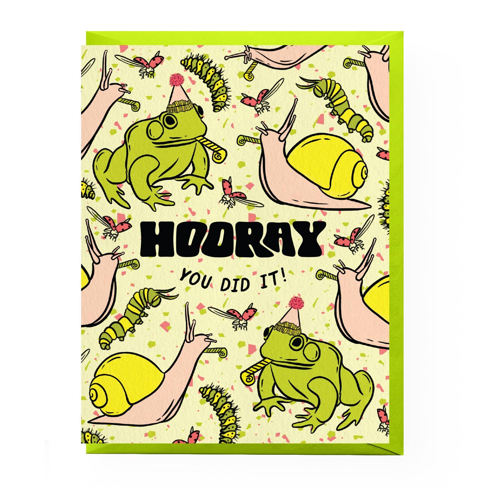 Greeting card with cartoon frogs and snails and 'Hooray! You Did It!' text on a patterned background.