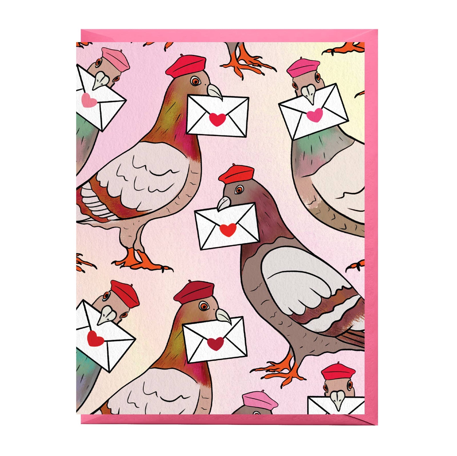 A greeting card featuring a repeating illustration of pigeons wearing red hats and holding white envelopes with red hearts, set against a pale pink background 