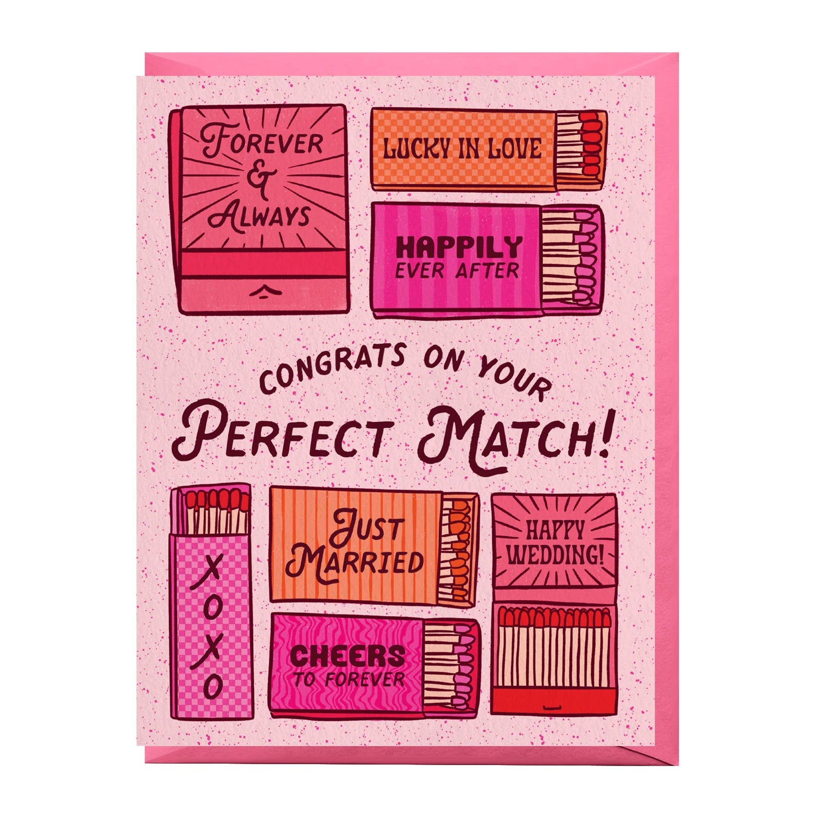 Card with matchbox designs and wedding-themed text on a pink background