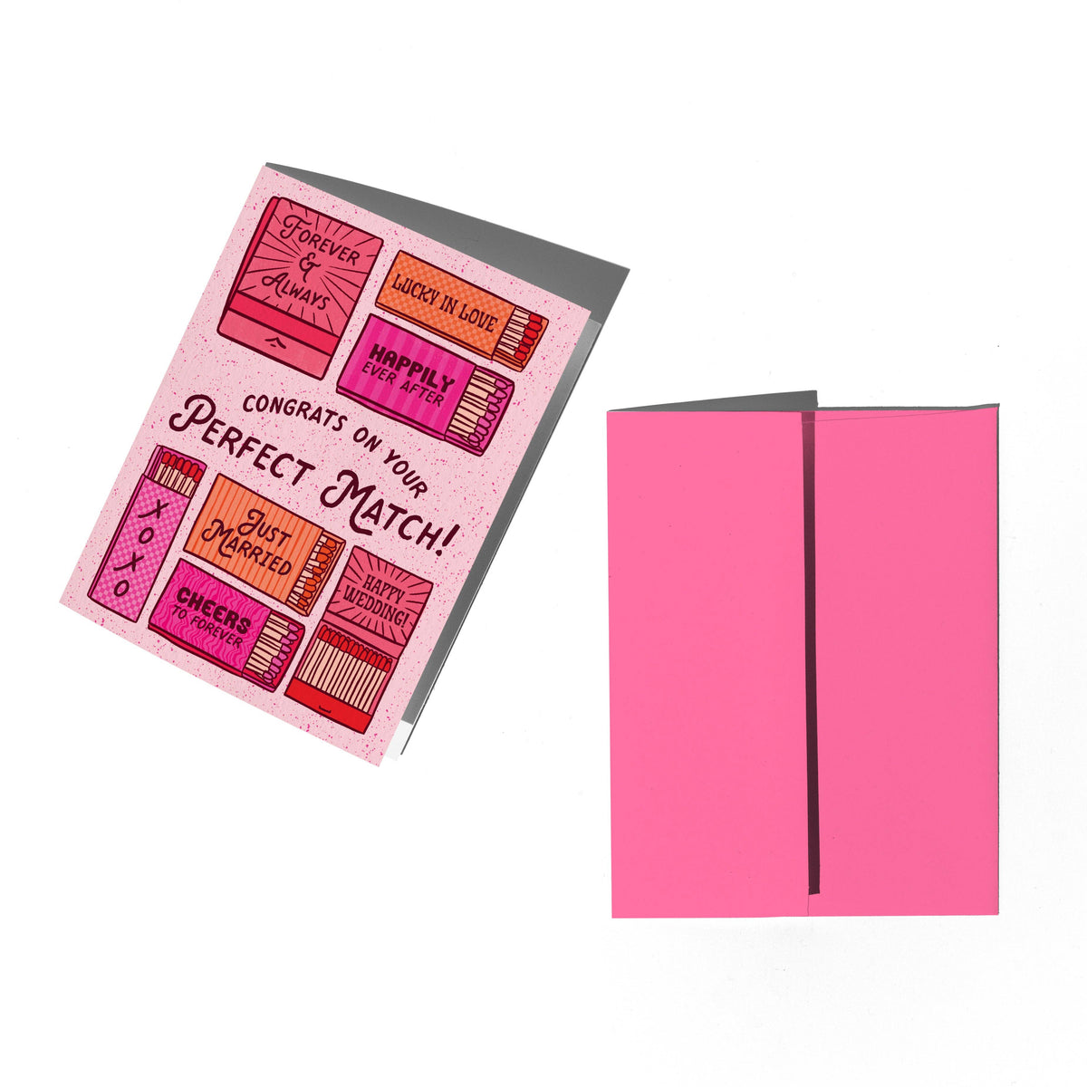 Greeting card with celebratory text and a pink envelope on a white background