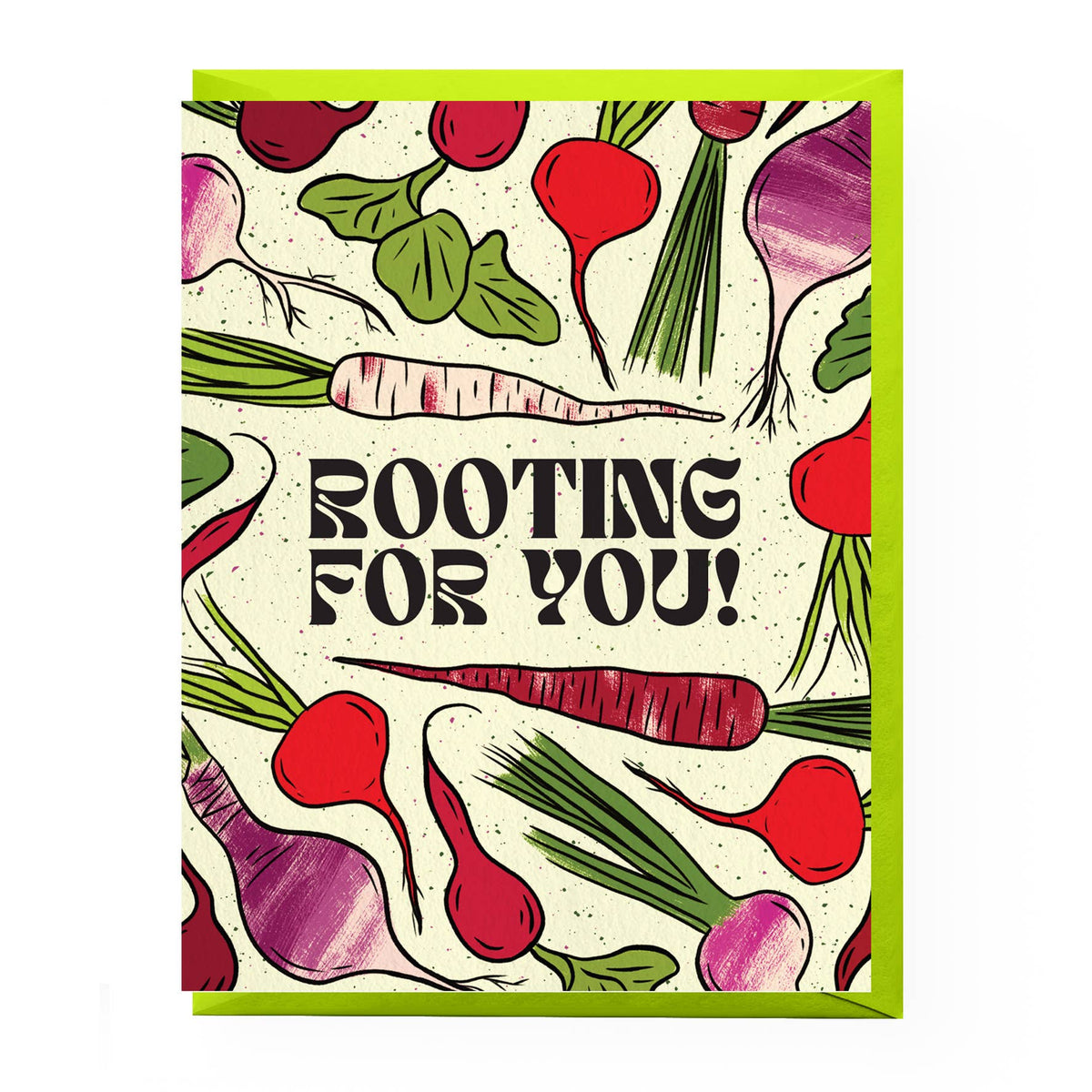 Card with radish illustrations and 'Rooting For You!' text on a white background