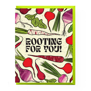 Card with radish illustrations and 'Rooting For You!' text on a white background
