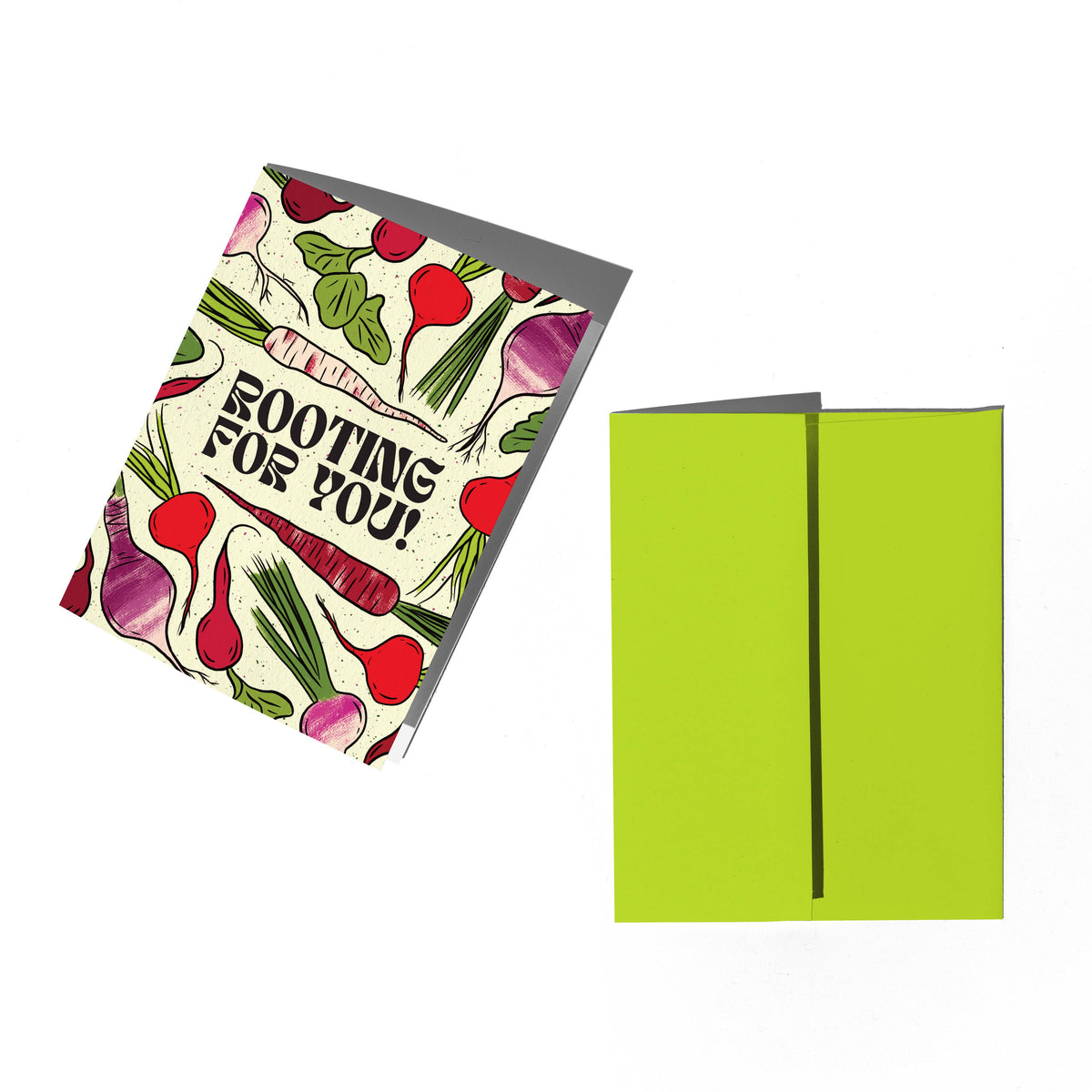Greeting card with radish design and text 'Rooting for You!' next to a green envelope on a white background.
