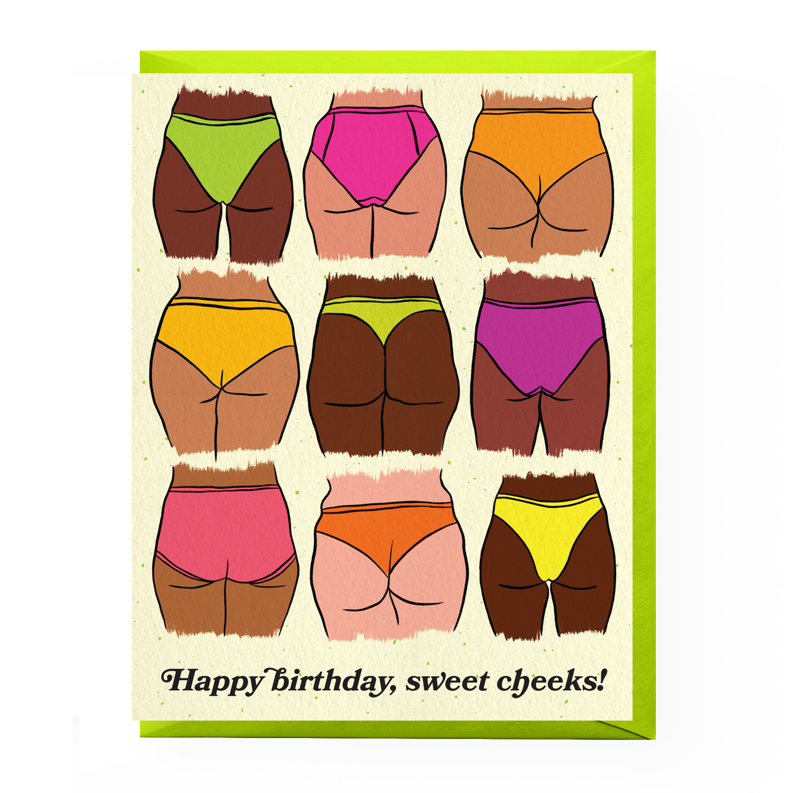 Card with colorful illustrations of butt cheeks and a humorous birthday message.