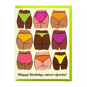Card with colorful illustrations of butt cheeks and a humorous birthday message.
