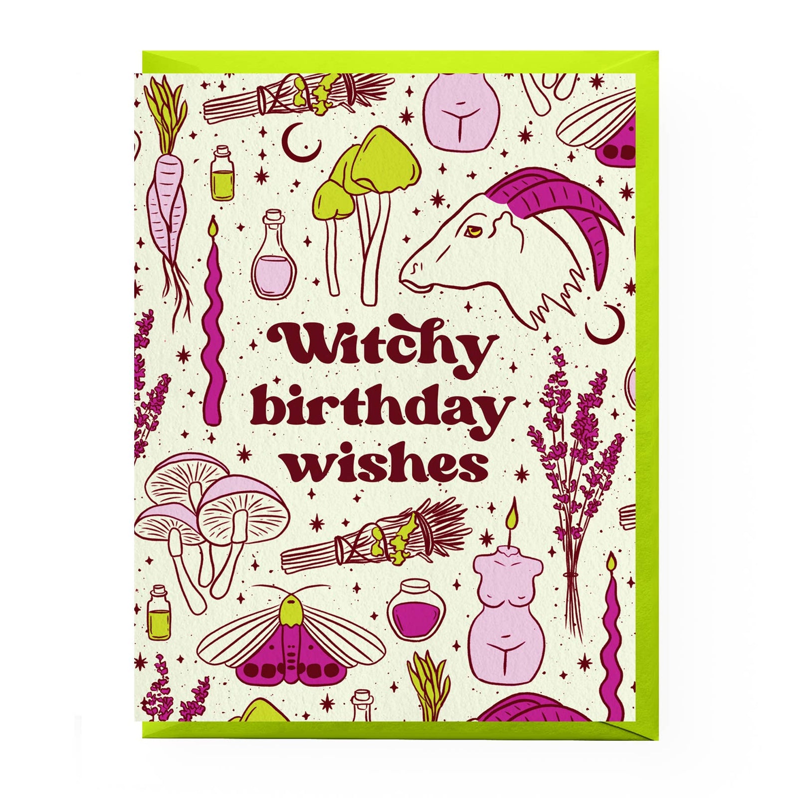 A greeting card with a white background and a colorful witch-themed illustration, featuring the text 'Witchy birthday wishes' in dark red. The card is decorated with drawings of a goat head, mushrooms, a wand, a potion bottle, a broom, a moth, , all in purple, green, and yellow accents.