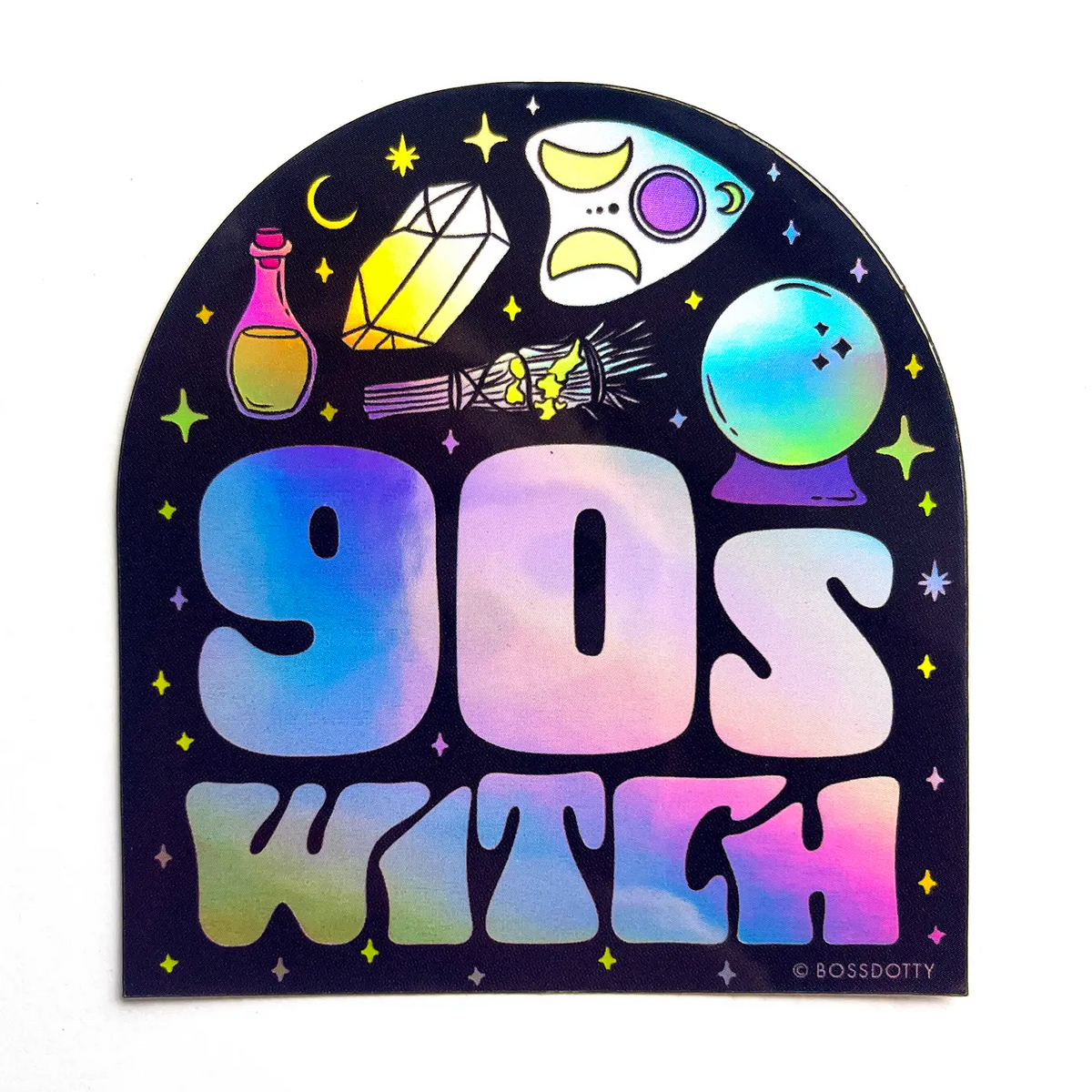 Holographic '90s Witch' sticker with witch-themed icons on a black background