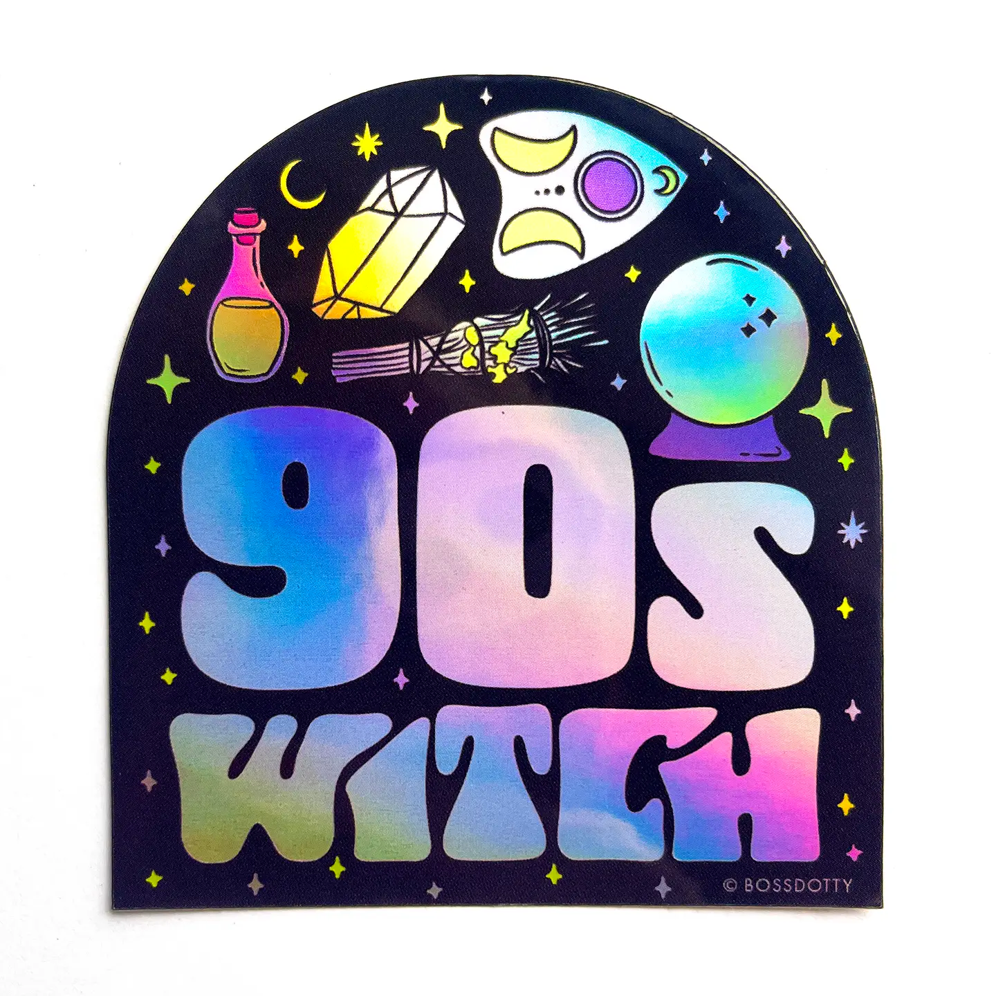 Holographic '90s Witch' sticker with witch-themed icons on a black background