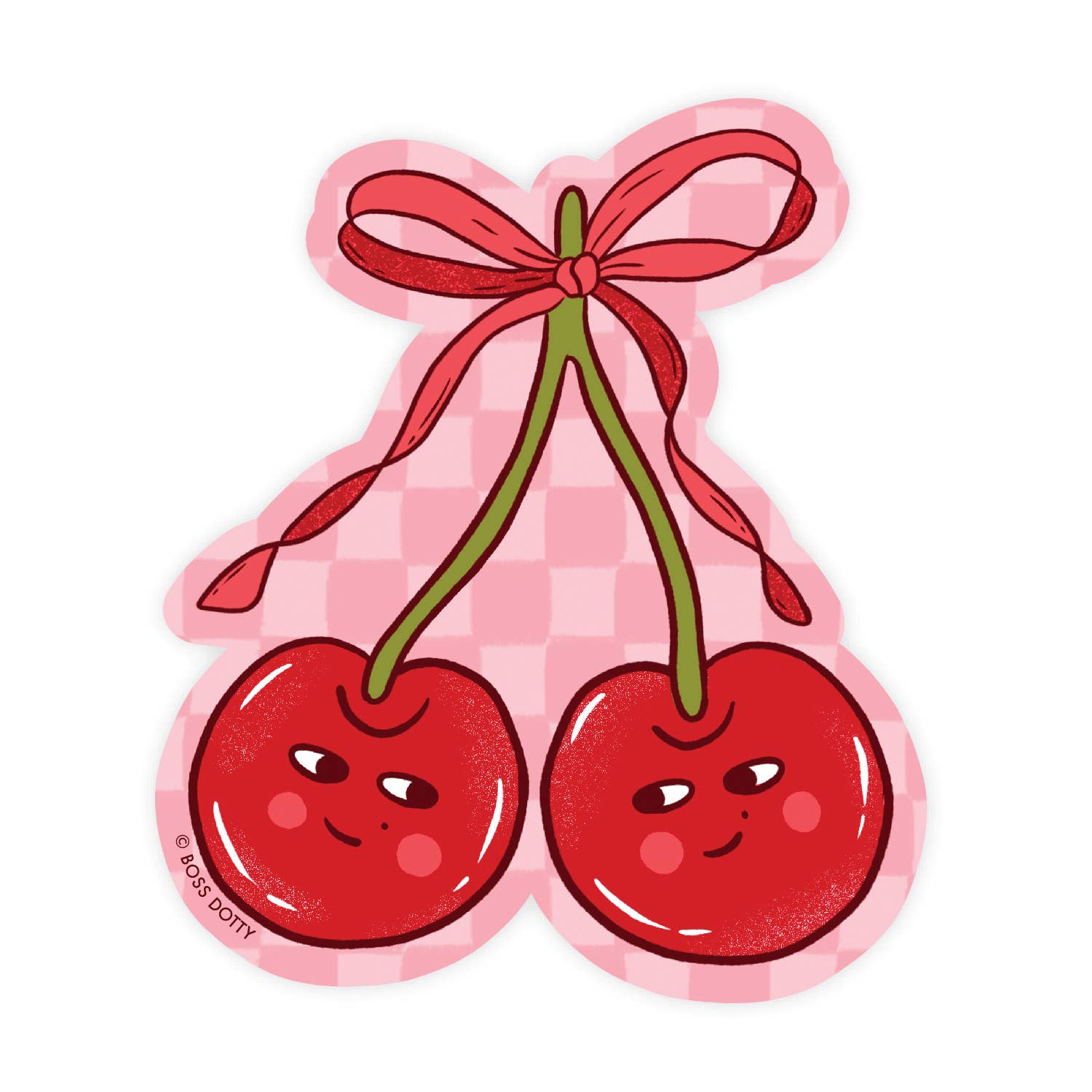 A cute cartoon cherry sticker featuring two smiling red cherries with green stems tied by a pink ribbon, on a white background.