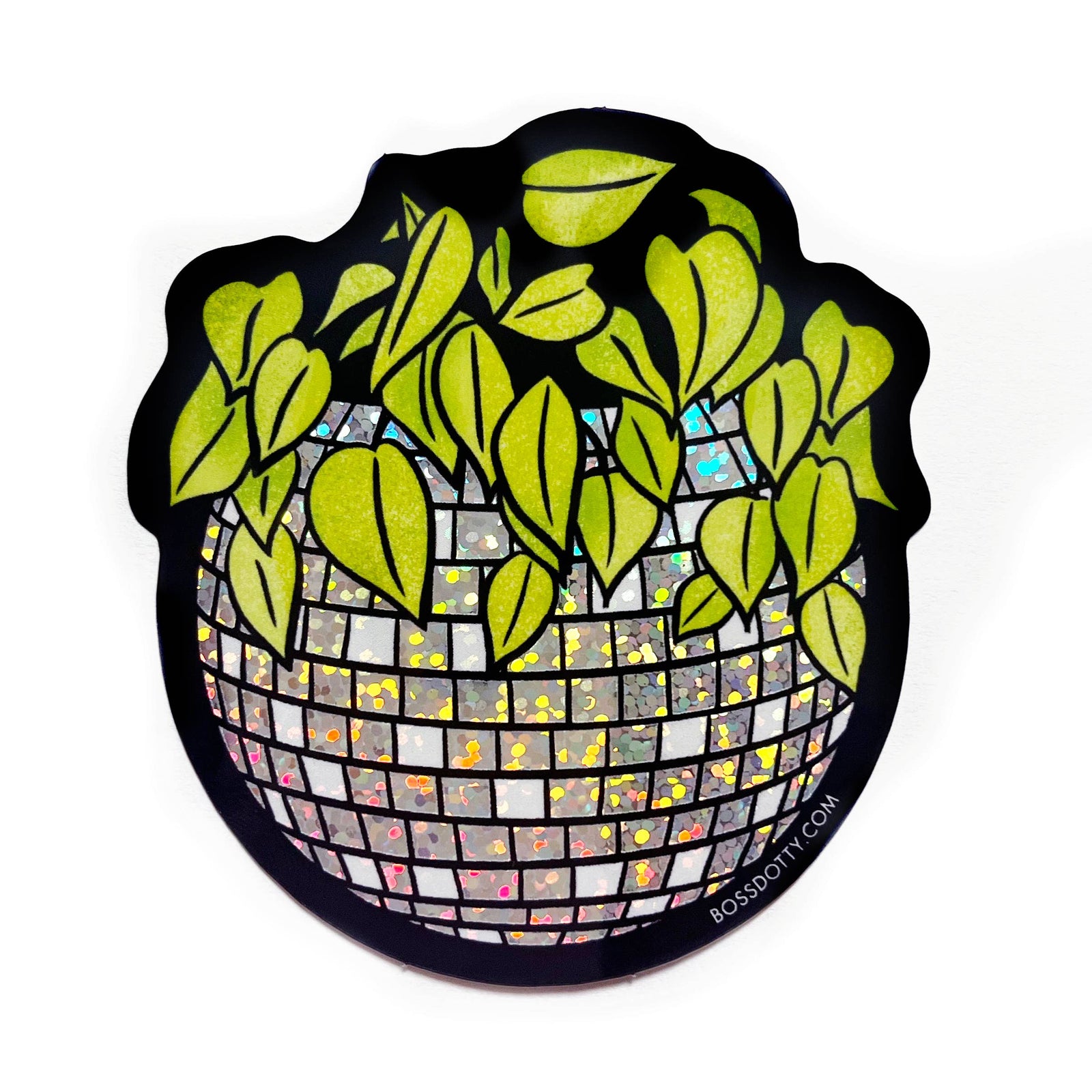 A die-cut sticker featuring a stylized disco ball filled with green leaves, designed with a black border and a white background.