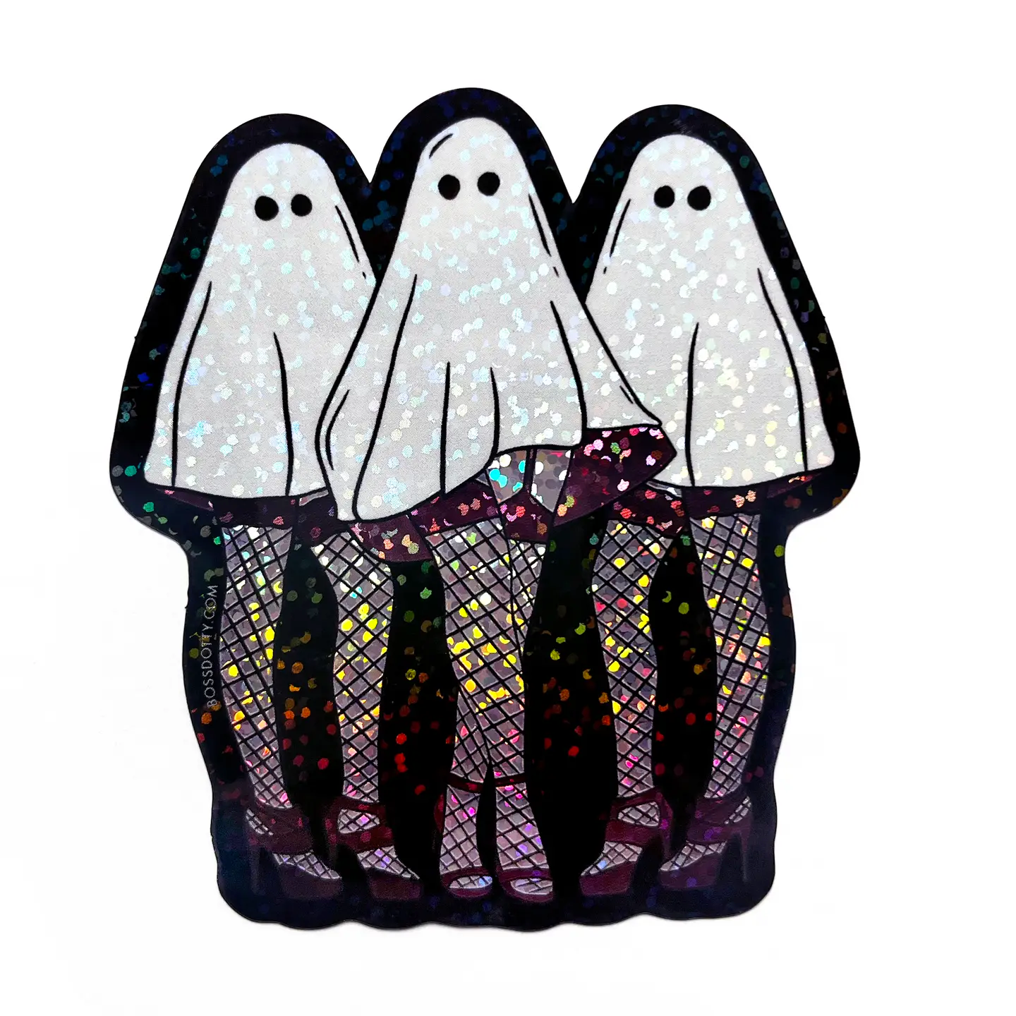 Glittery sticker of three ghosts wearing fishnet tights and heels.