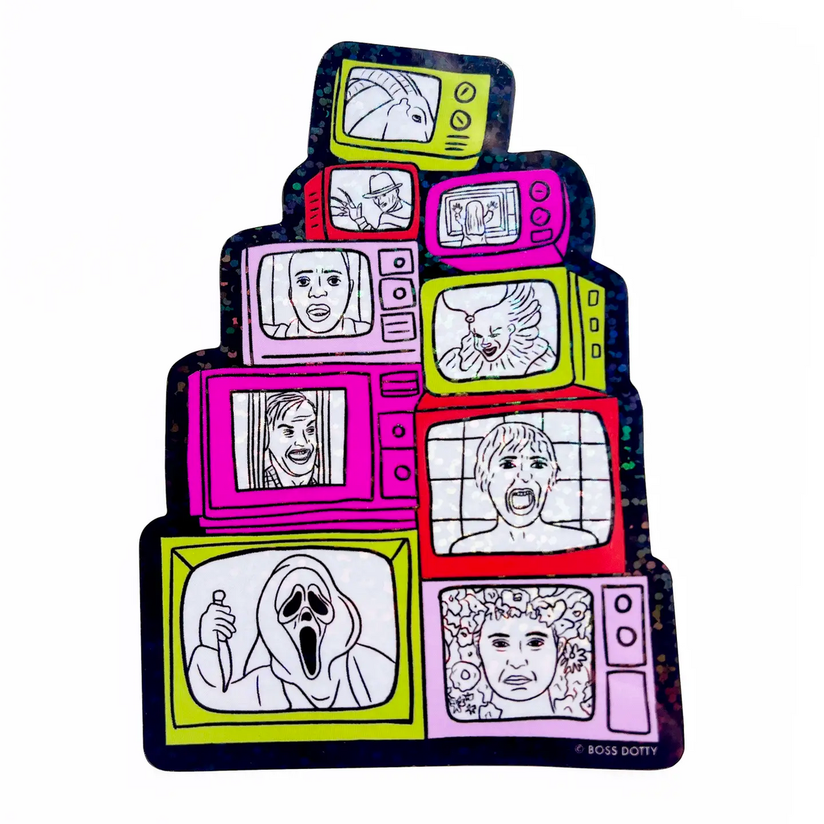 Stack of colorful retro TVs with various images on a white background
