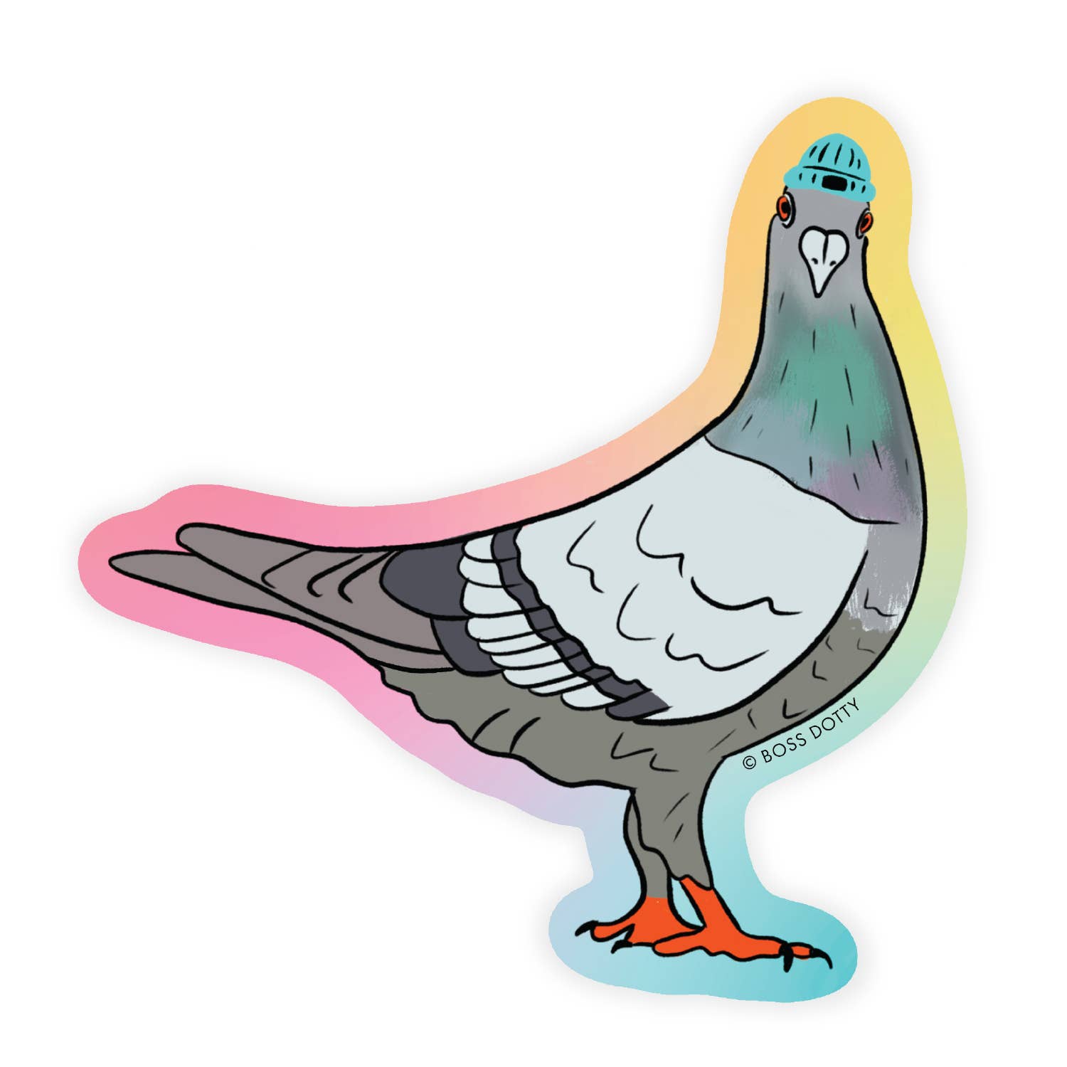 Colorful illustration of a pigeon with a hat on a white background