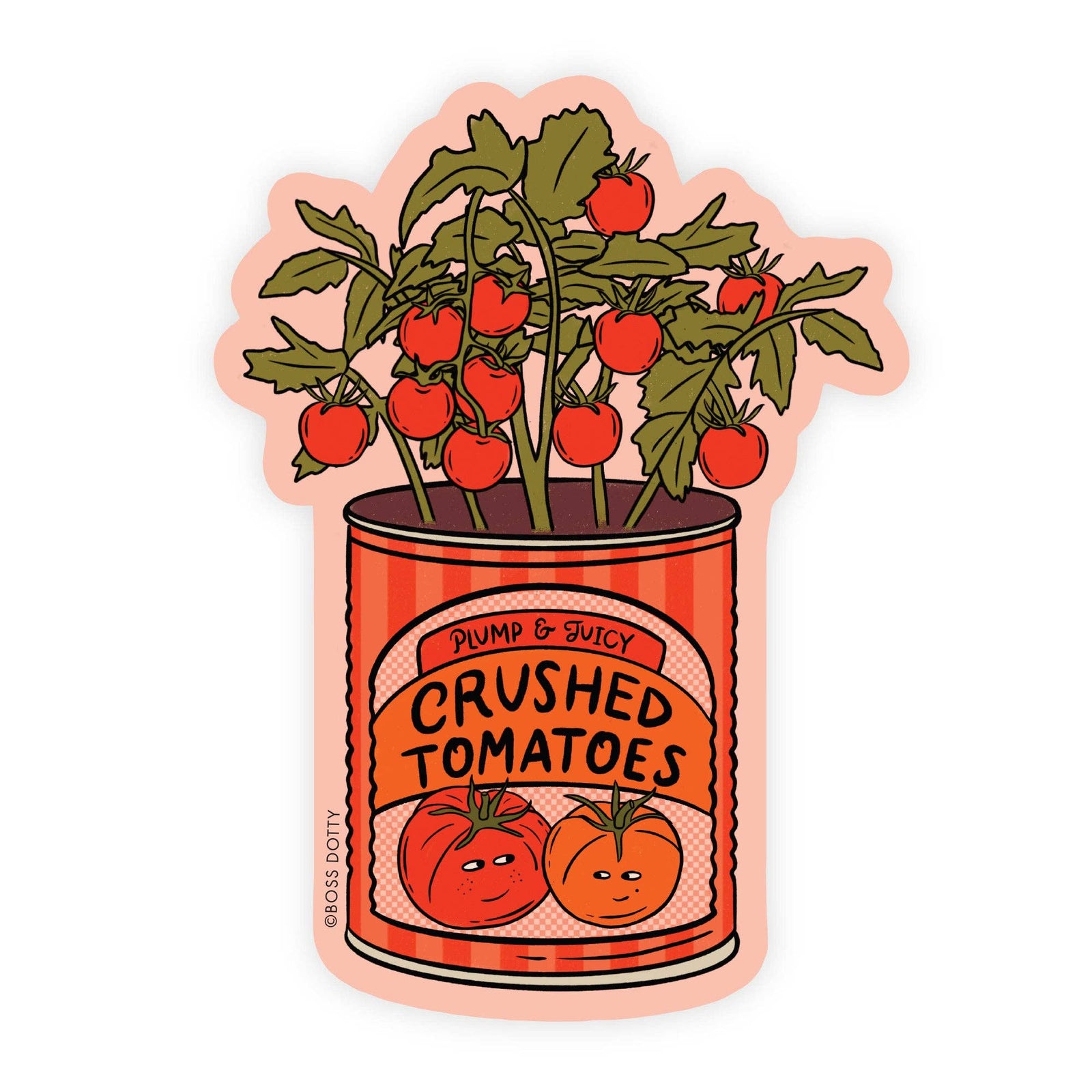 Sticker of a can labeled 'Crushed Tomatoes' with tomato plants growing out of it on a white background.