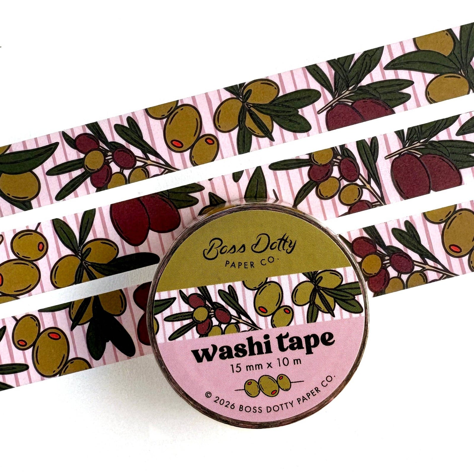 Washi tape with olive design and 'Boss Dotty Paper Co.' branding