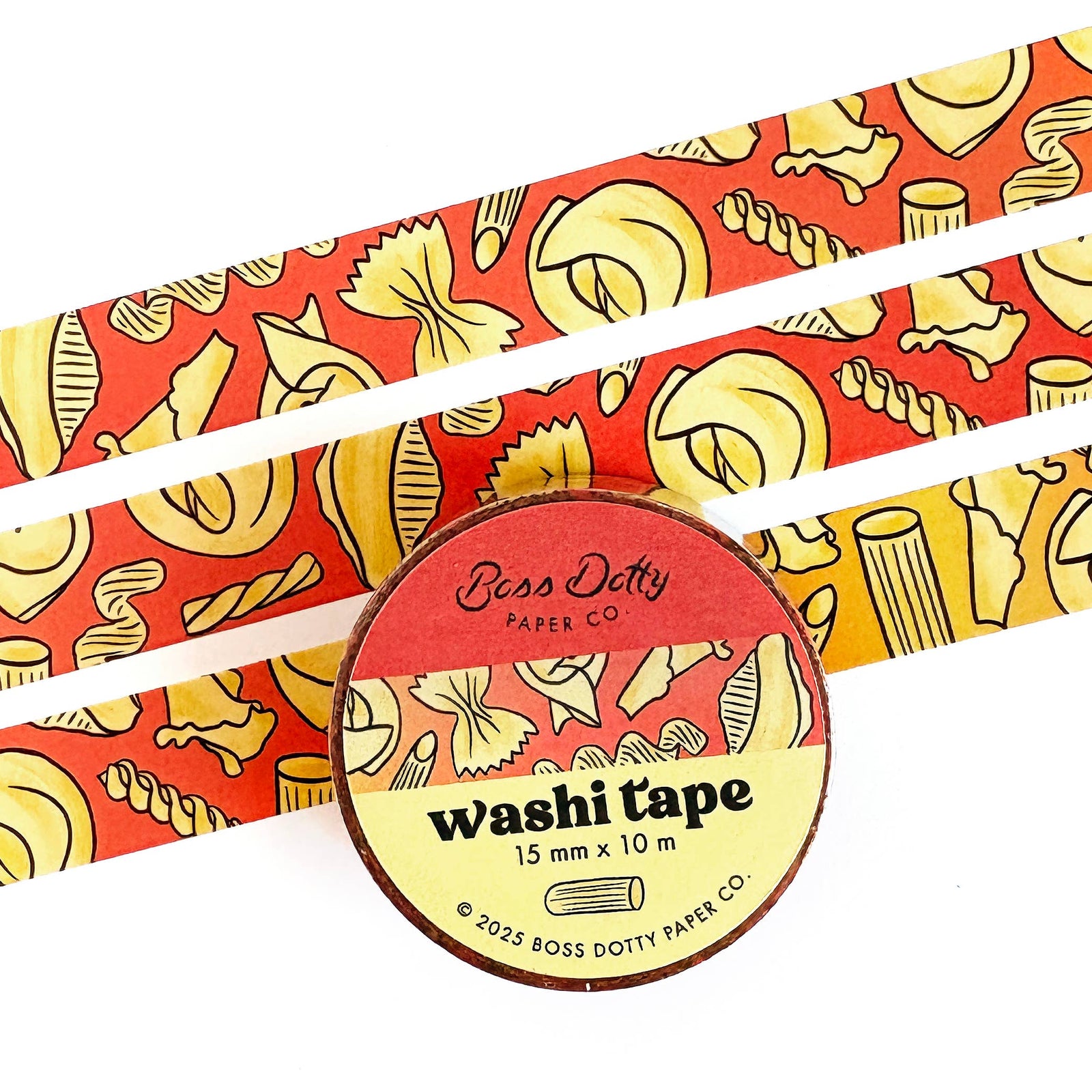 Washi tape with pasta design and Boss Dotty Paper Co branding