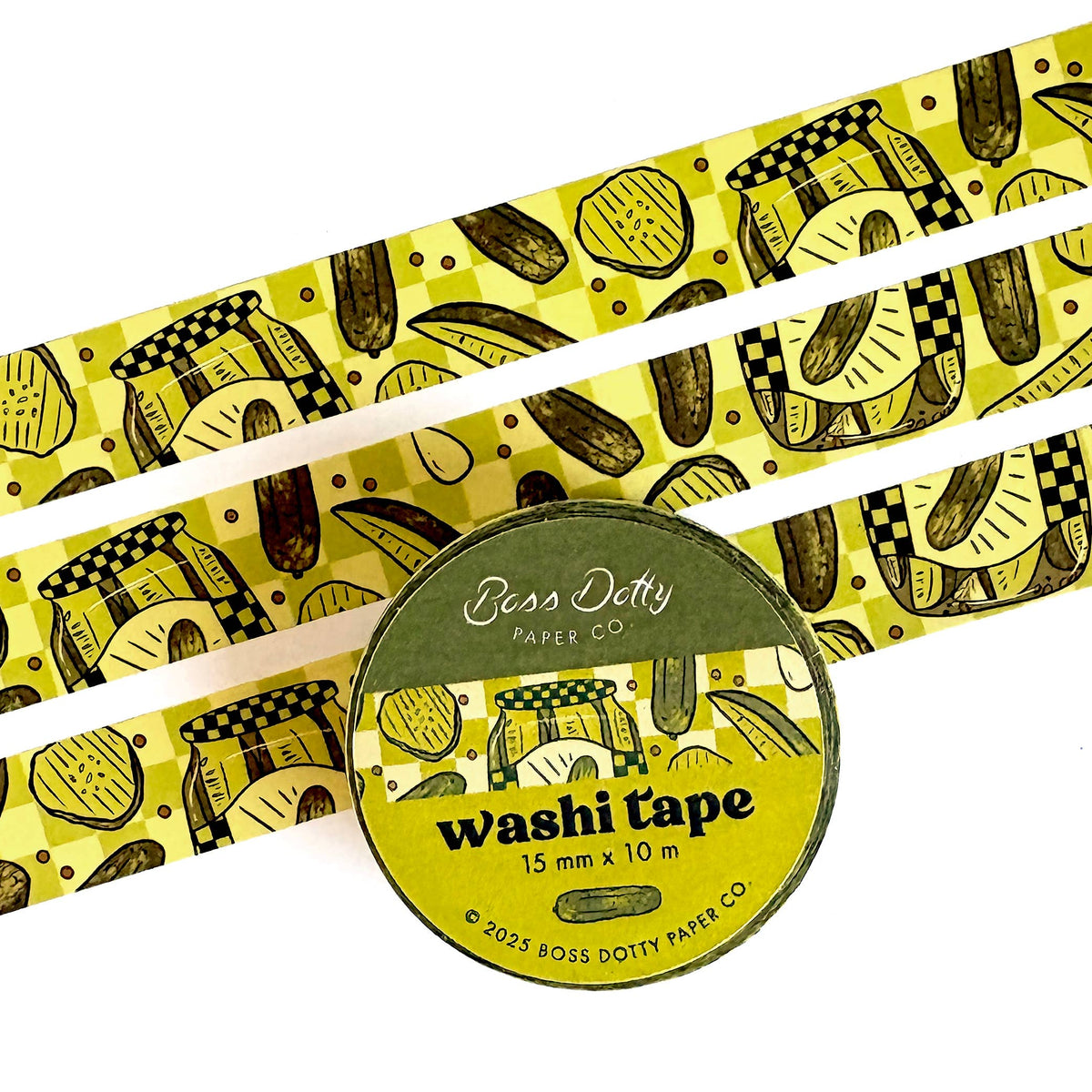 Washi tape with a decorative pickle pattern and a visible brand label on a white background