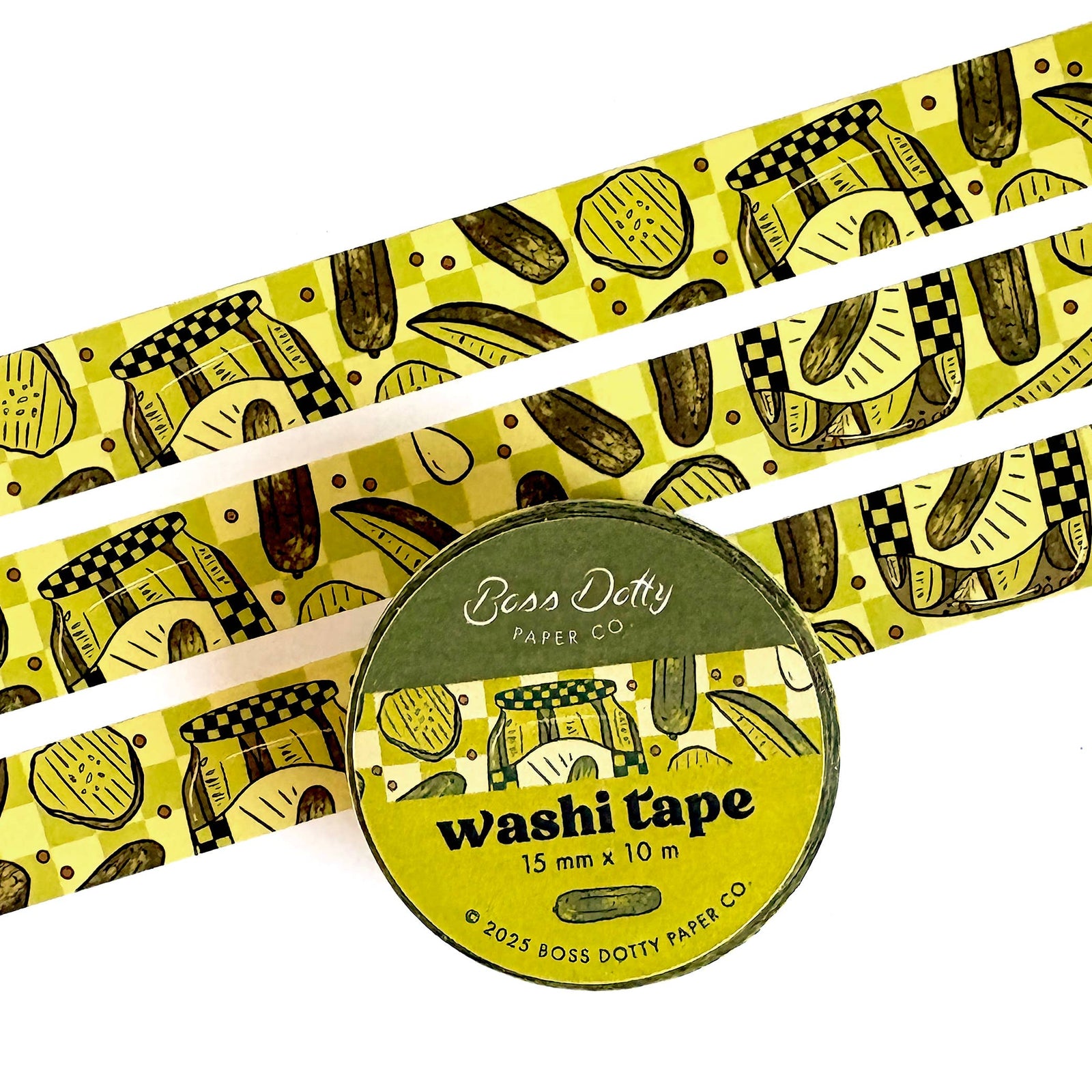 Washi tape with a decorative pickle pattern and a visible brand label on a white background