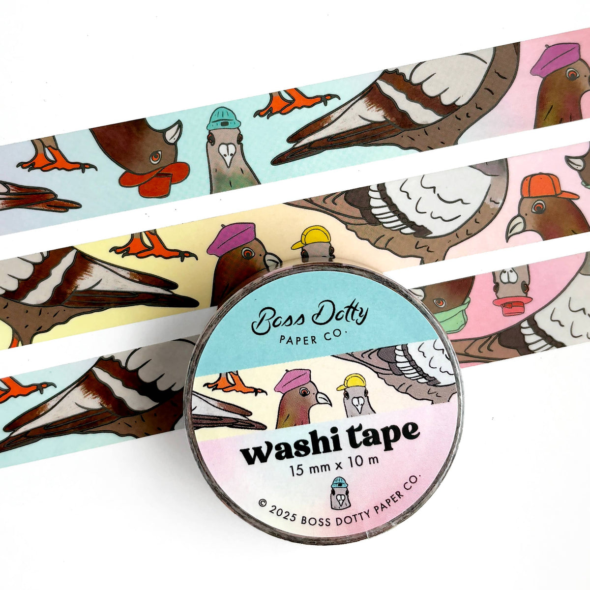 A roll of Boss Dotty Paper Co. washi tape featuring a whimsical bird pattern, shown with several strips fanned out behind it on a white background.