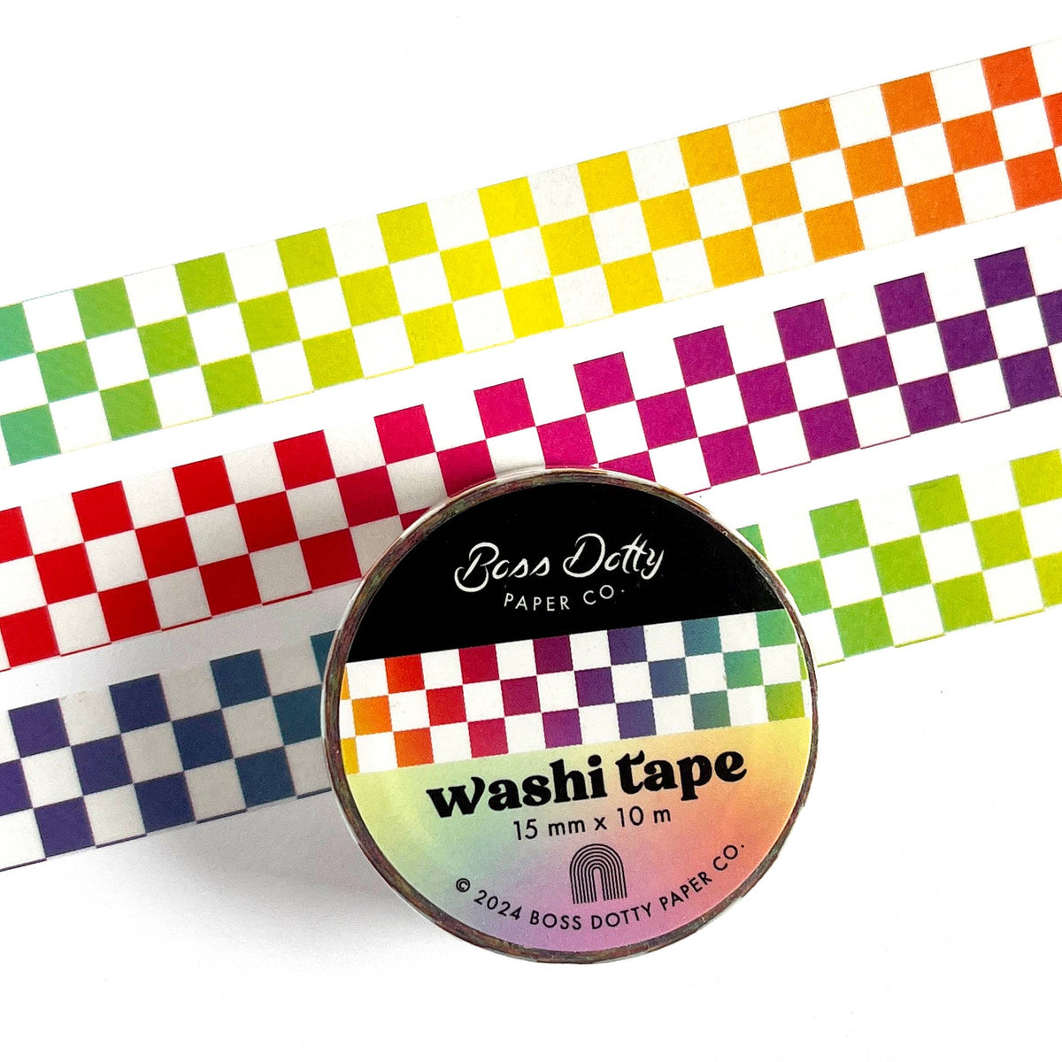 Washi tape with colorful checkered pattern and Boss Dotty Paper Co. branding.