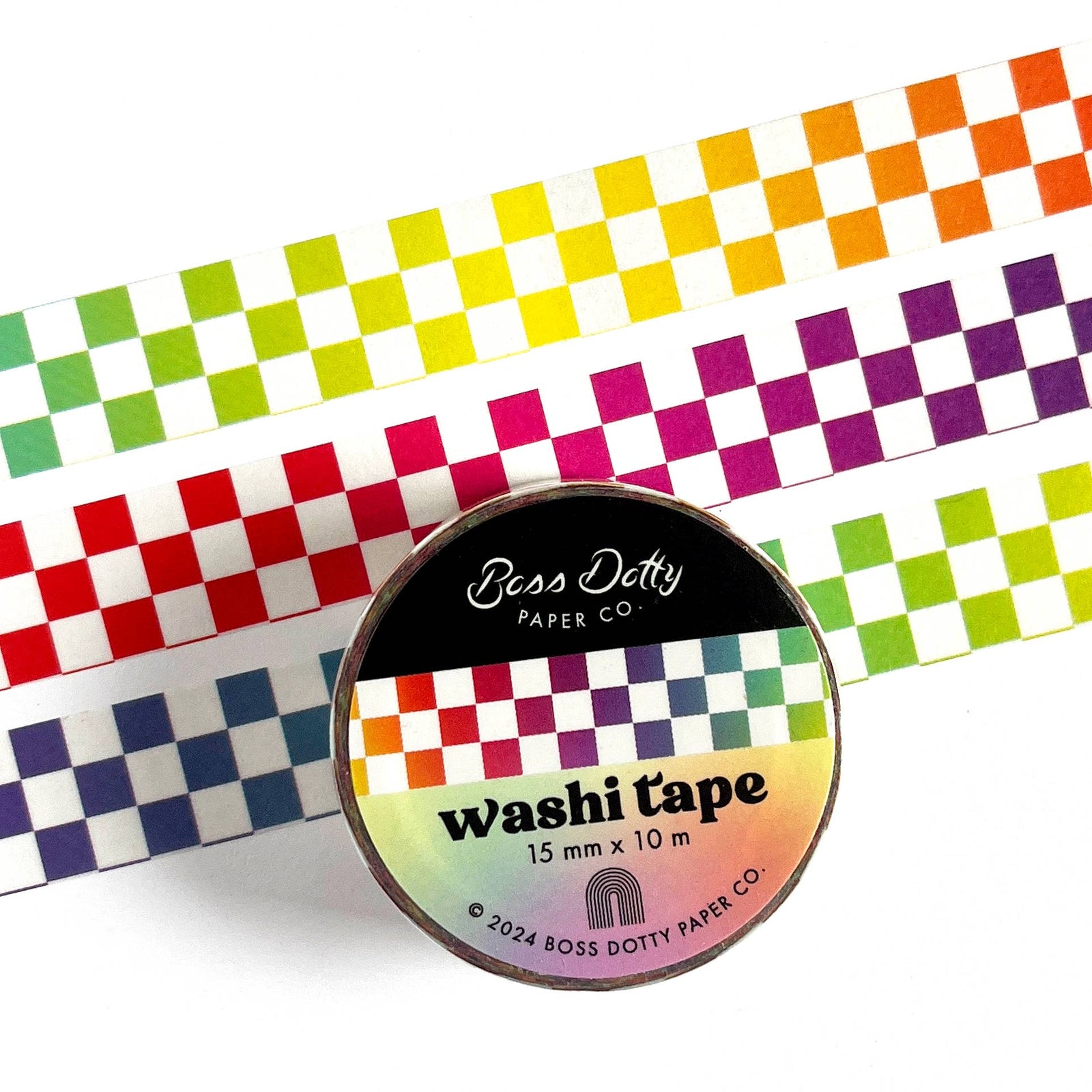 Washi tape with colorful checkered pattern and Boss Dotty Paper Co. branding.