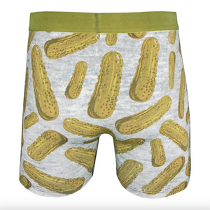 Boxer briefs with pickle pattern on a white background.