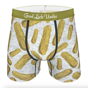 Boxer briefs with pickle pattern and 'Good Luck Undies' branding on a white background