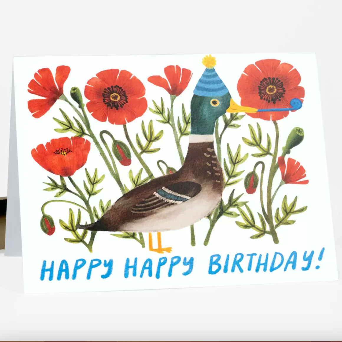 Birthday card with a duck and flowers, featuring the text 'Happy Happy Birthday!'.
