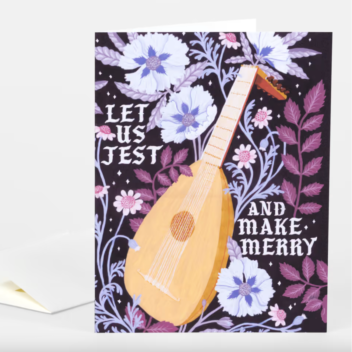 A black card with flowers and leaves in purples and blues, a lute, and text that reads "Let us jest and make merry"