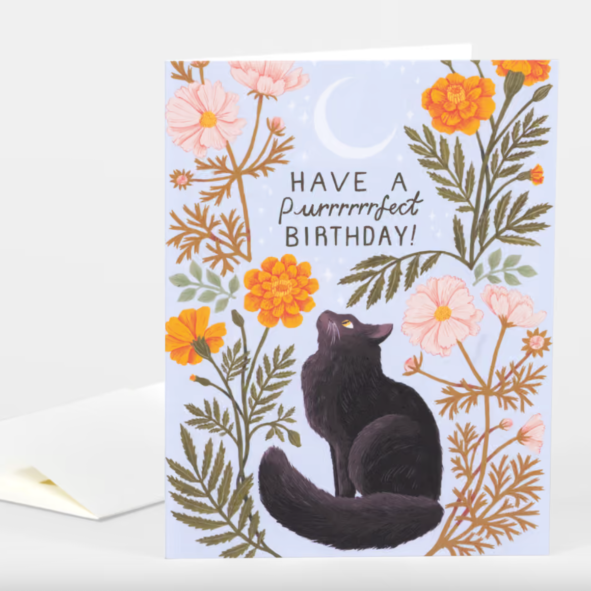A light blue card featuring marigolds, cosmo flowers, a crescent moon, a black cat, and text that reads "Have a purrrrrrfect birthday!"