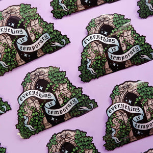 Stickers with 'Everything is temporary' design on a pink background